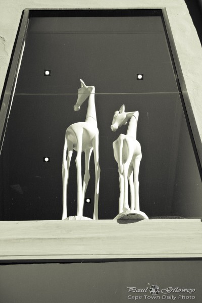 White giraffes - statues in a window